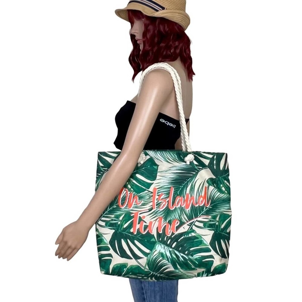 On Island Time Canvas Tote Bag Tropical Leaf Print Rope Handles Large